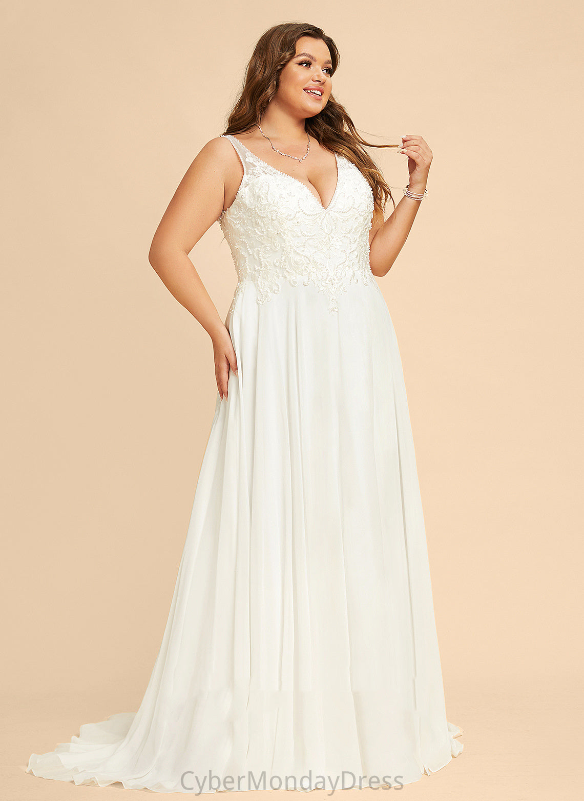 Train With Sequins Beading Lace Dress Front Wedding Wedding Dresses Dalia Chiffon Split Sweep A-Line V-neck