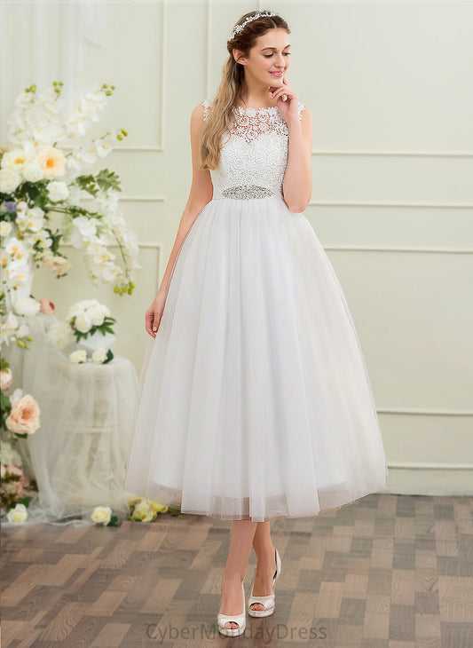 Sequins Wedding Ball-Gown/Princess Wedding Dresses Beading Tulle Evelin Dress Tea-Length Scoop Neck With