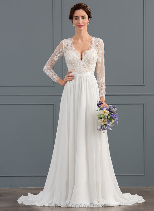 V-neck Sequins A-Line Train Lace Wedding Beading Sweep Wedding Dresses With Chiffon Dress Lori