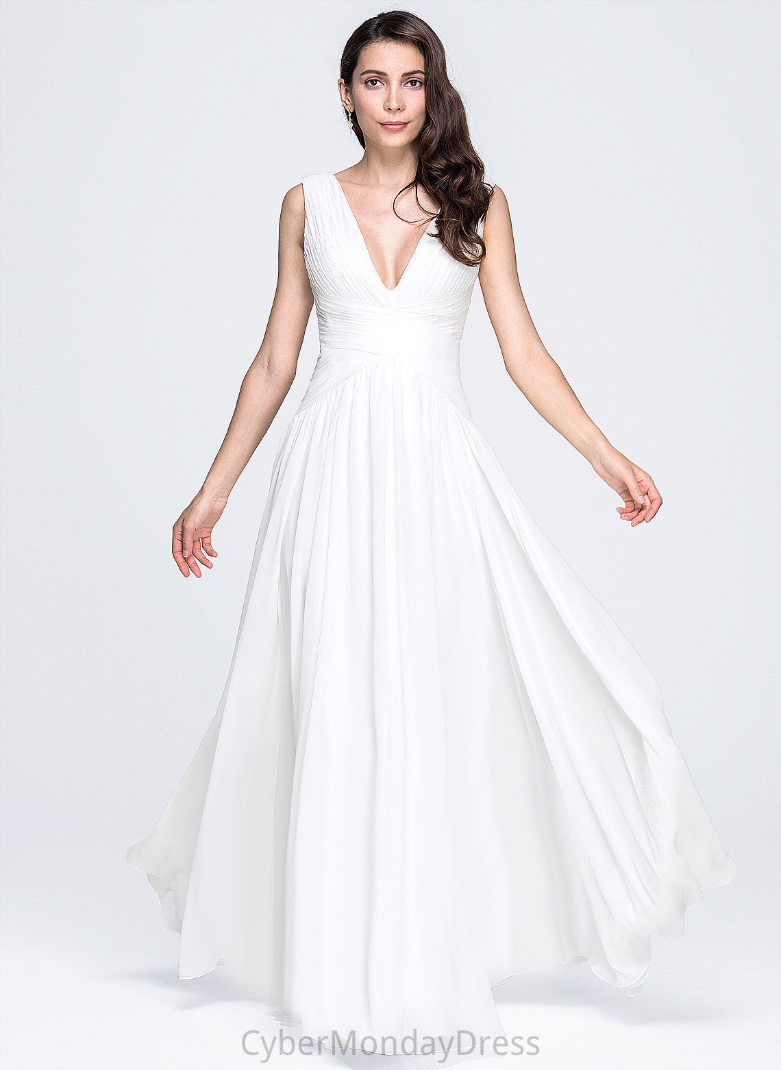 V-neck Eliza A-Line Wedding Dresses Pleated Wedding Floor-Length Chiffon Dress With