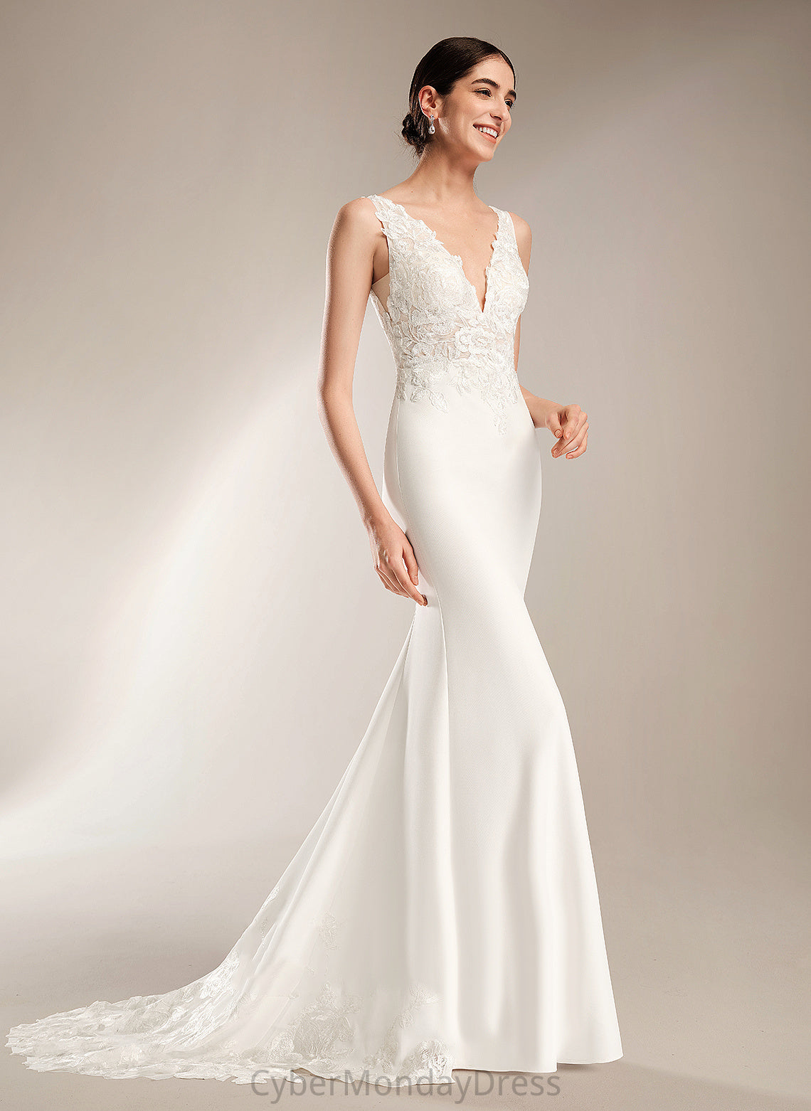 With Ada Court Stretch Sequins Train V-neck Wedding Dresses Sheath/Column Wedding Crepe Dress