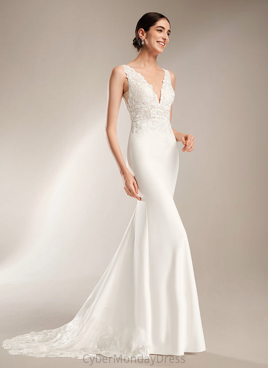 With Ada Court Stretch Sequins Train V-neck Wedding Dresses Sheath/Column Wedding Crepe Dress