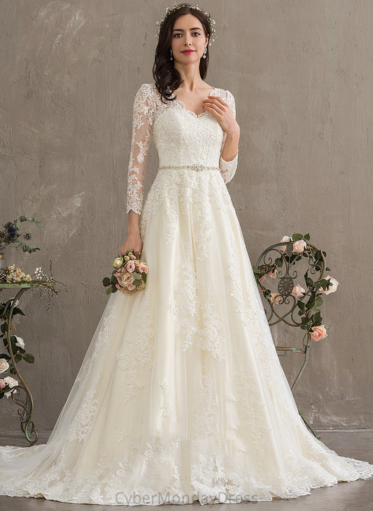 Wedding Dresses Allisson V-neck Sequins Beading Ball-Gown/Princess Lace Dress Train With Tulle Chapel Wedding