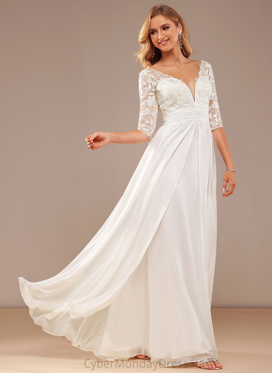 Dress Wedding Dresses A-Line Wedding With Chiffon Sequins Lace Ruffle V-neck Floor-Length Olive