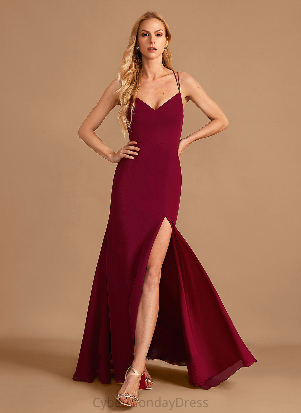 V-neck Silhouette Floor-Length Neckline Embellishment Trumpet/Mermaid SplitFront Length Fabric Kailyn Floor Length Sleeveless Bridesmaid Dresses