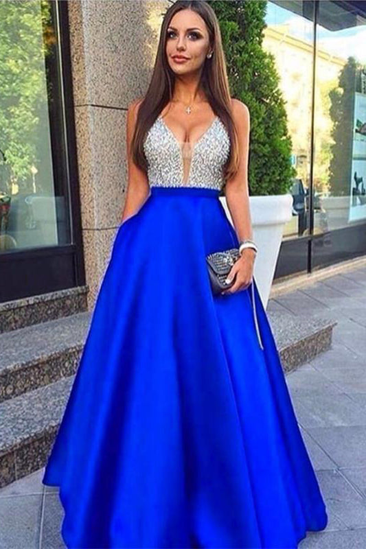 Royal Blue A Line Floor Length Deep V Neck Backless Beading Prom Dresses