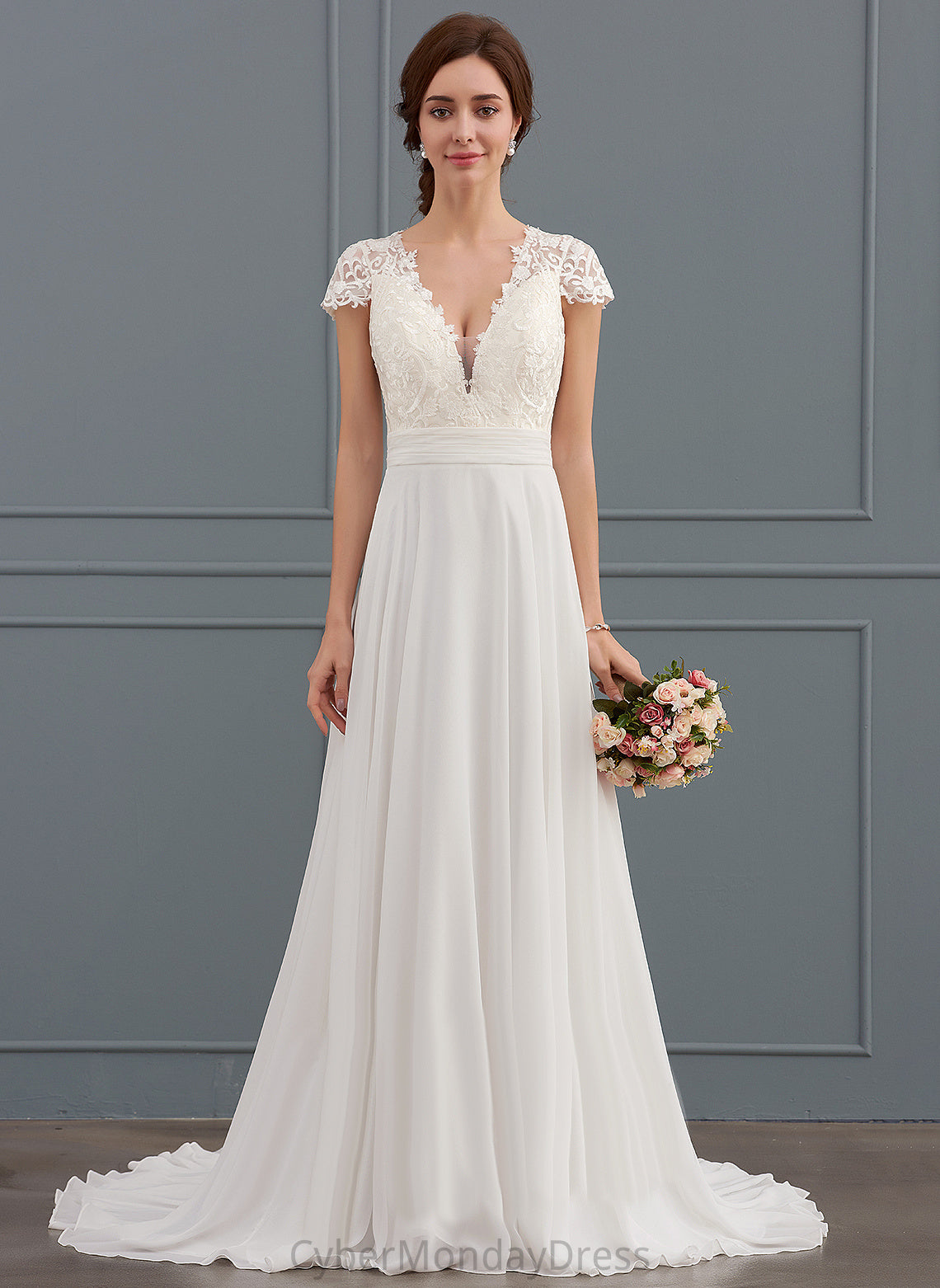 Dress A-Line With V-neck Lace Wedding Dresses Ruffle Mimi Sweep Train Wedding Chiffon