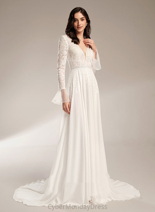 Dress Court A-Line Wedding Dresses Lace Train With V-neck Kassandra Chiffon Wedding Ruffle