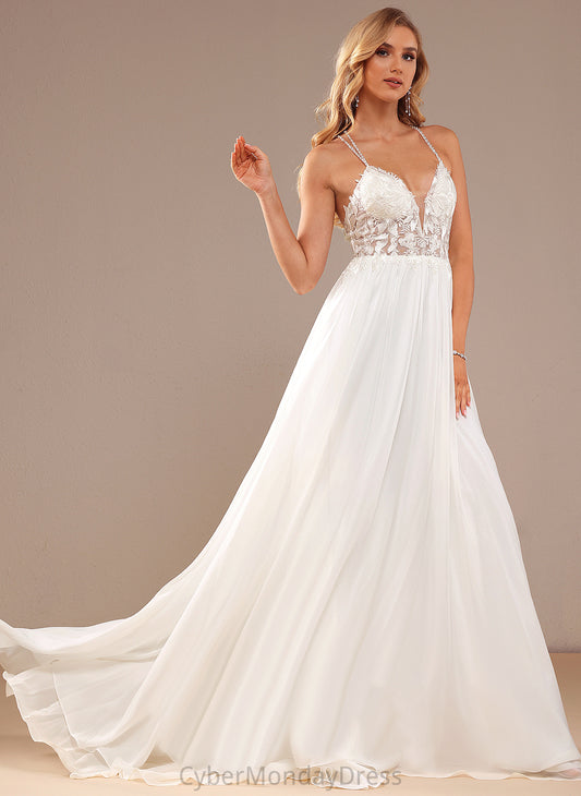 Chiffon Beading A-Line Sequins Lace Train V-neck Sweep Wedding Dresses With Aryana Dress Wedding