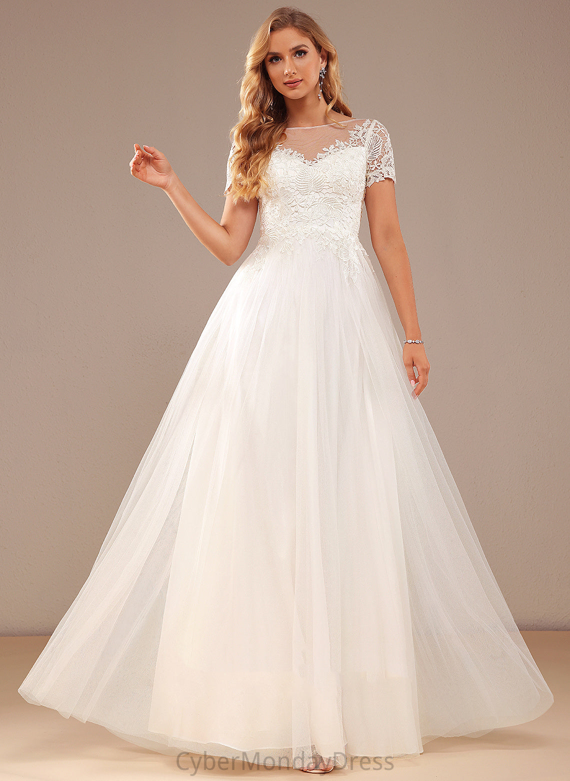 Bridget Wedding Floor-Length Lace Tulle Scoop Neck With Lace Wedding Dresses Dress A-Line