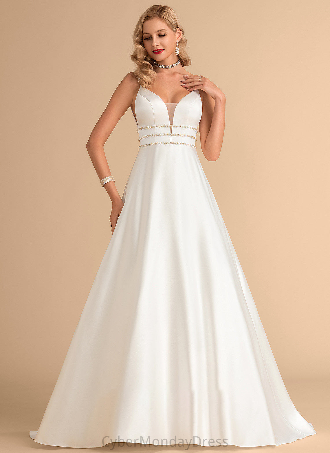 Sweep Beading V-neck Wedding Dresses Dress With Wedding Satin Ball-Gown/Princess Daisy Train