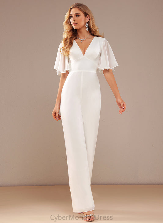 Presley Wedding Dresses Wedding Ruffle Floor-Length Jumpsuit/Pantsuit Chiffon With V-neck Dress