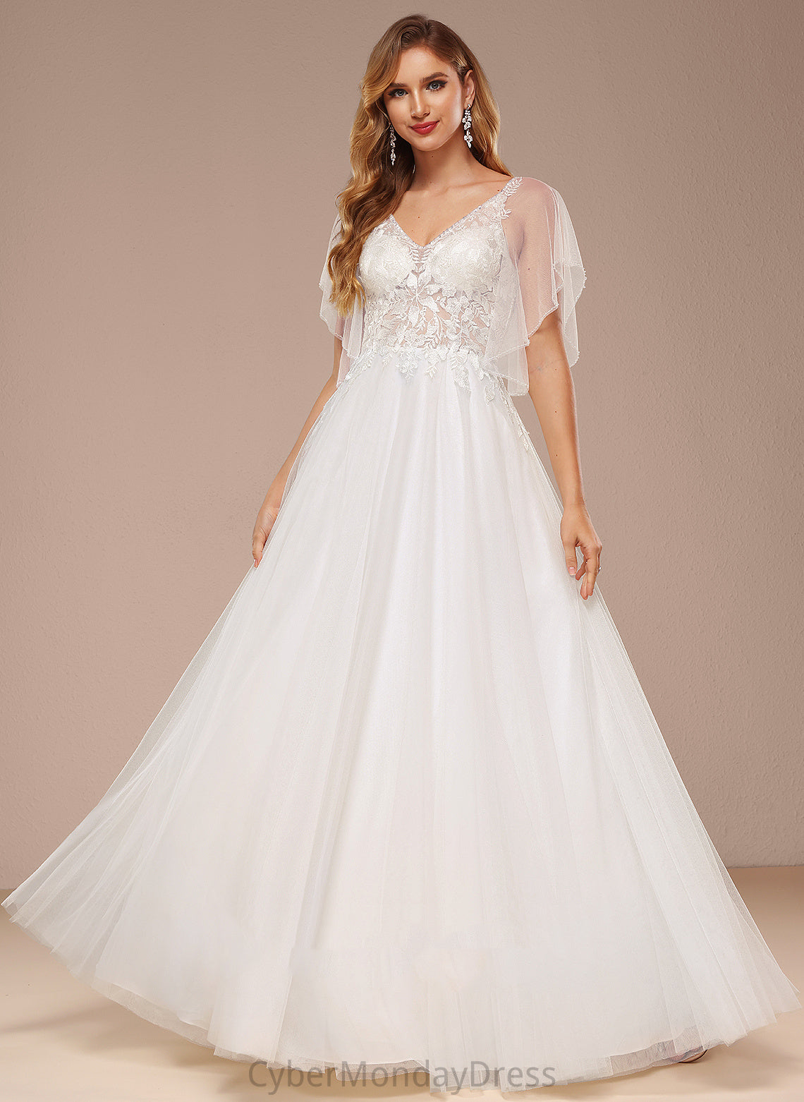 Wedding Dresses Floor-Length Laney Tulle Dress With V-neck Lace Sequins A-Line Wedding Ruffle