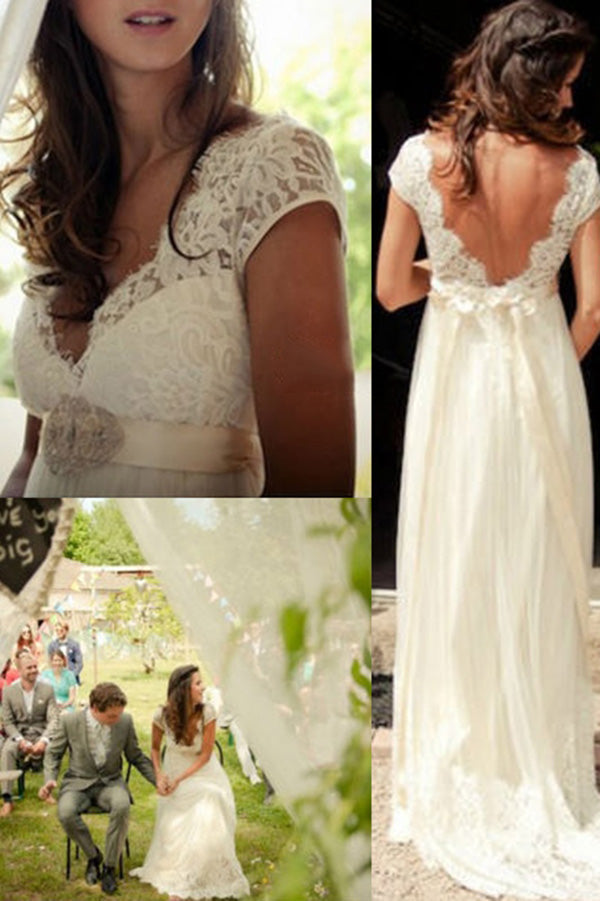 Chic A Line Short Sleeves V Neck Open Back Lace Appliques Wedding Dresses