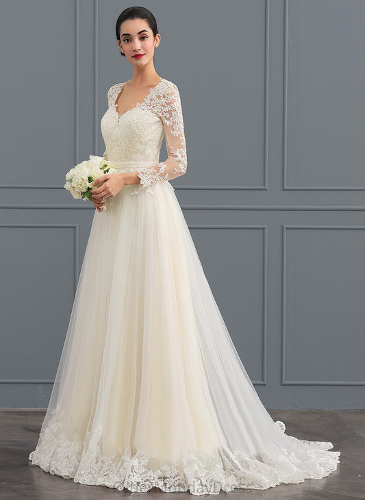 Wedding Dresses Ball-Gown/Princess Lace Jaslyn Dress Wedding Tulle V-neck Train Sweep