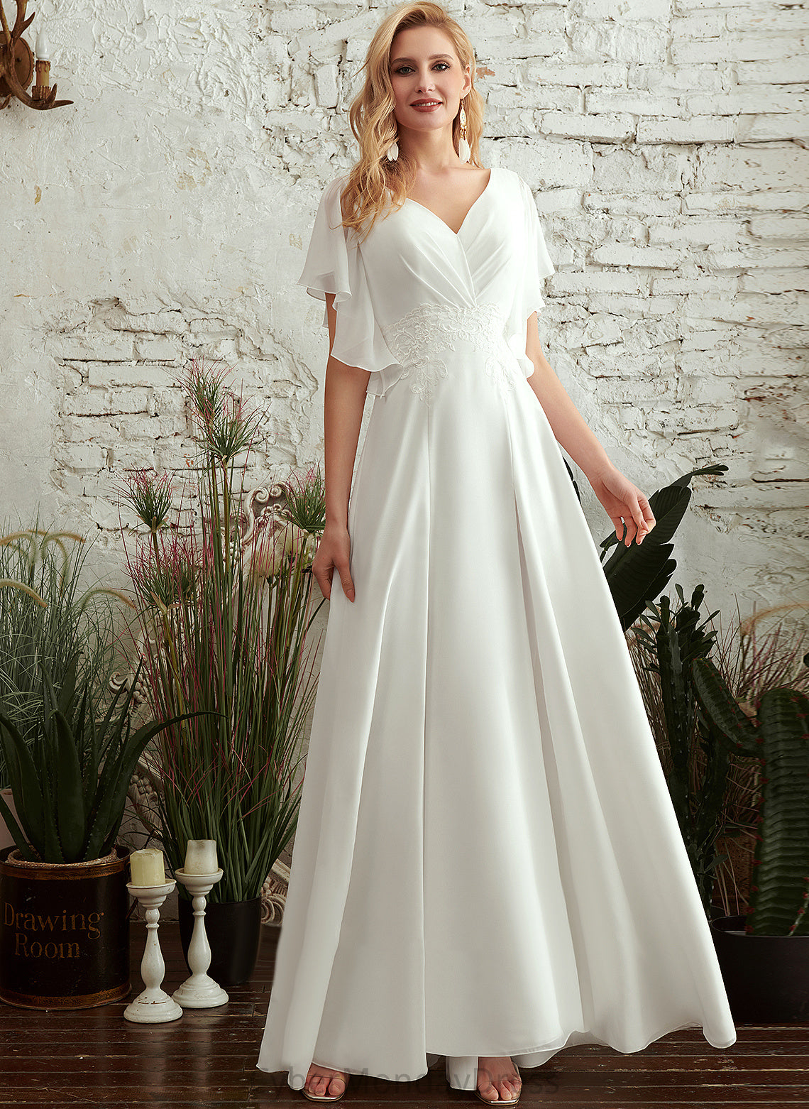 Chiffon Lace Split A-Line Dress Thelma Wedding V-neck With Wedding Dresses Floor-Length Front