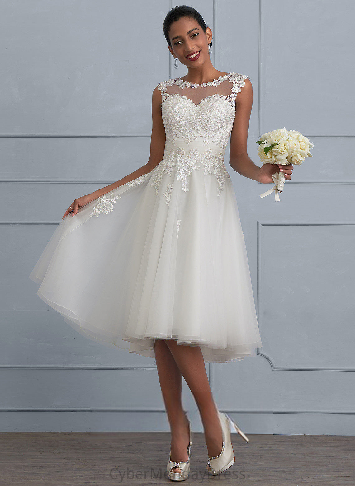 Illusion Ruffle With Wedding A-Line Dress Lace Asymmetrical Wedding Dresses Chana Tulle