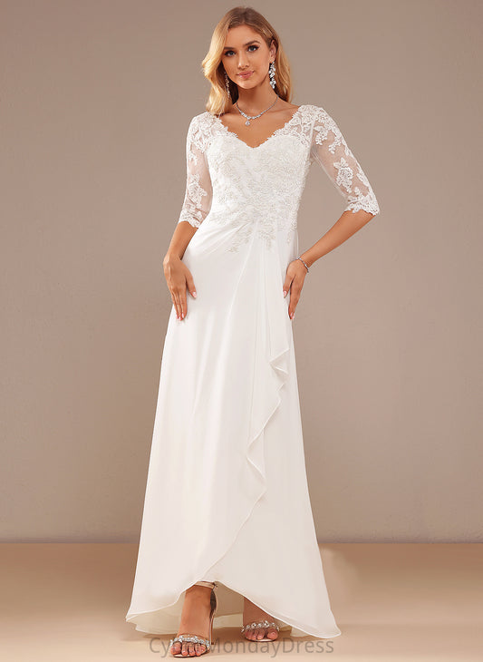 A-Line Asymmetrical Dress Ruffle Chiffon Wedding Yaritza V-neck With Lace Lace Wedding Dresses