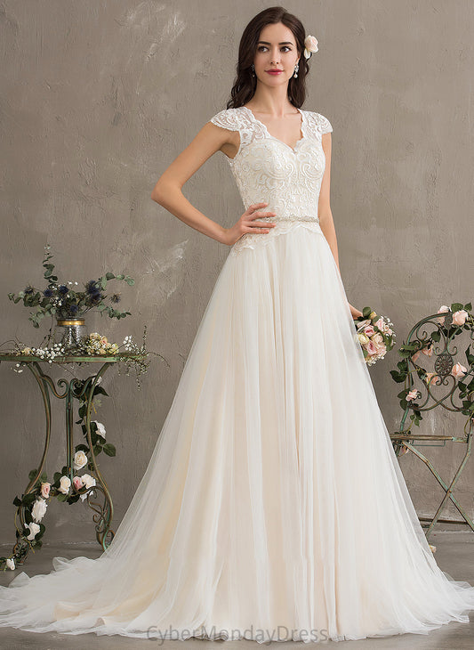 Sequins Train Wedding Dresses With V-neck Court Tulle Abbie Wedding Beading Ball-Gown/Princess Dress