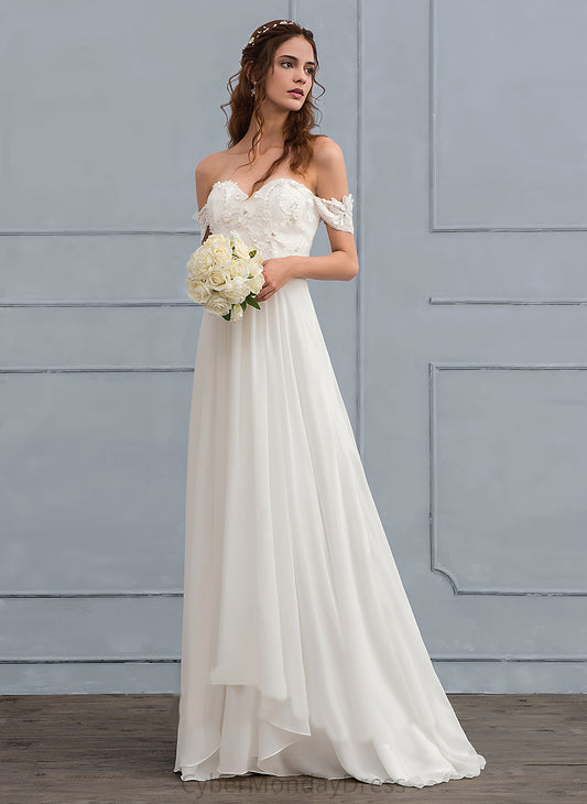 Cierra Chiffon A-Line Beading Wedding Wedding Dresses Lace Dress With Sweep Off-the-Shoulder Flower(s) Train