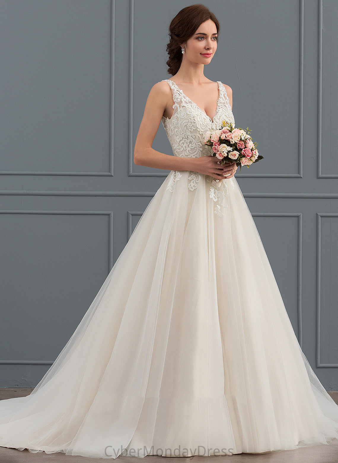 Wedding Blanche Tulle V-neck Wedding Dresses Lace Ball-Gown/Princess Court Train Dress