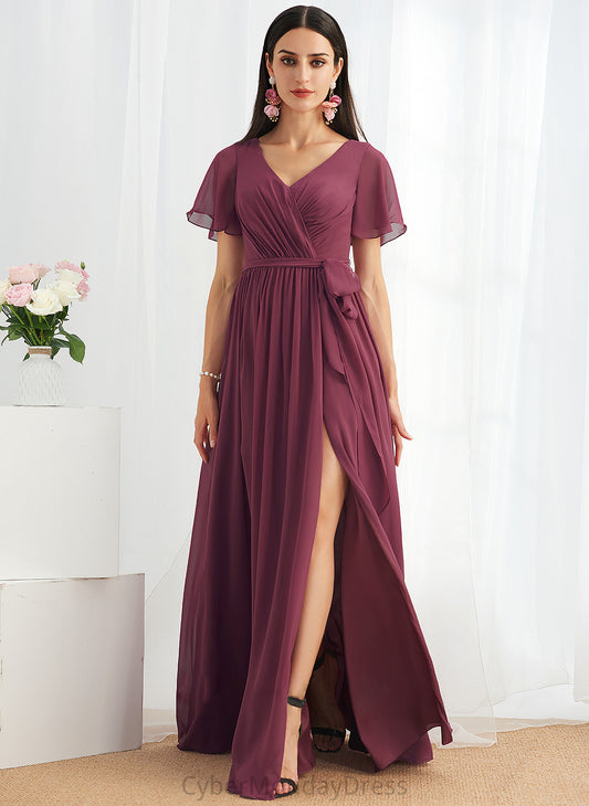 Neckline V-neck Floor-Length Length A-Line Silhouette Embellishment Fabric SplitFront Jaylynn Bridesmaid Dresses