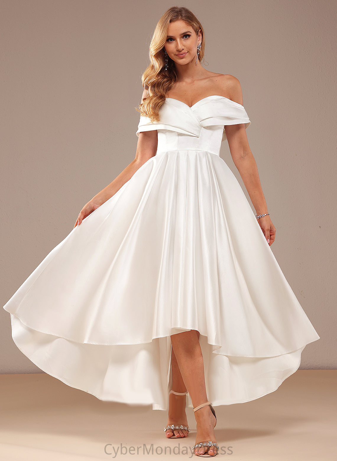 With Rhianna Pockets Off-the-Shoulder Wedding Dresses Dress Wedding A-Line Asymmetrical Satin