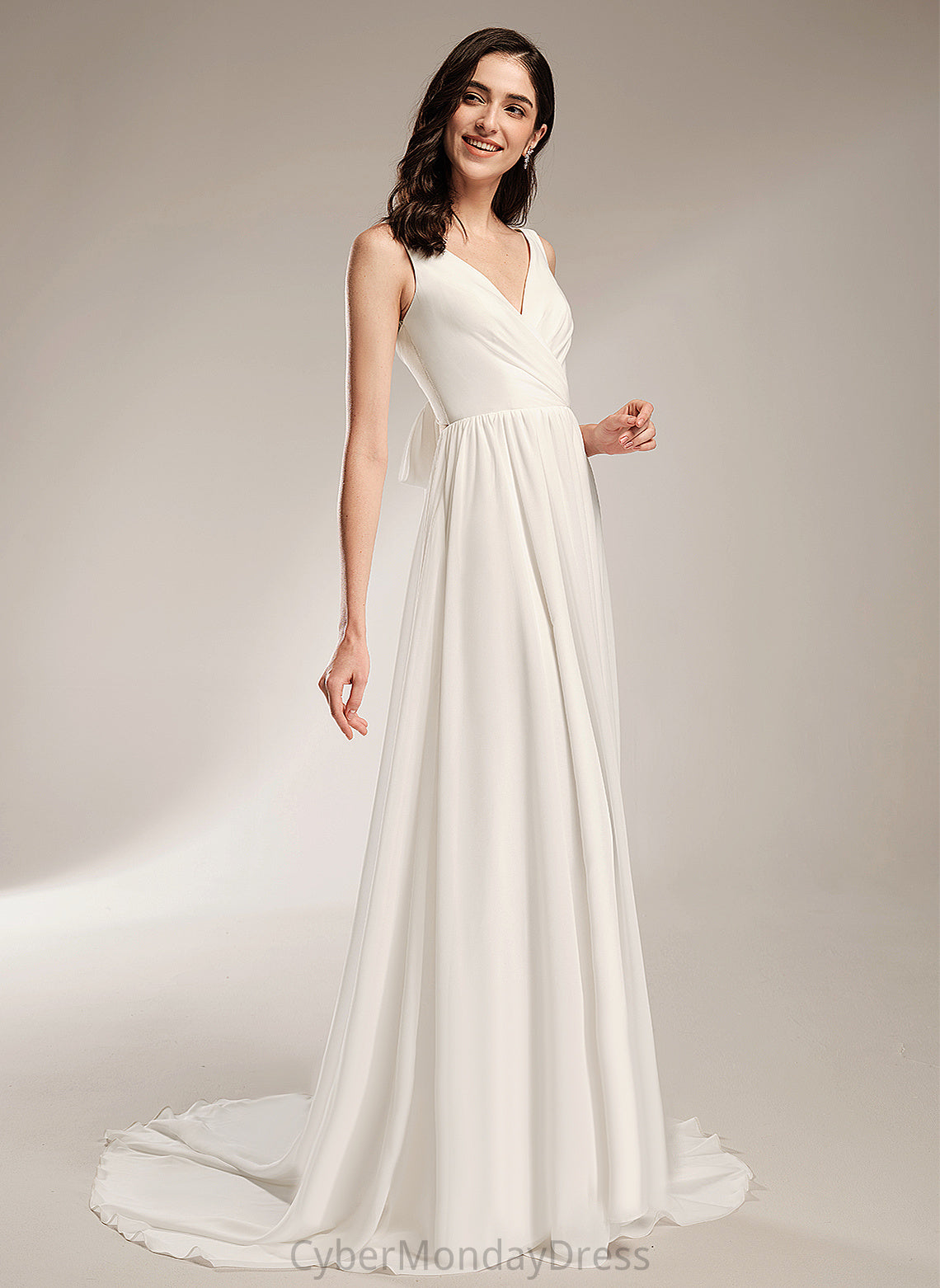 A-Line Sophronia Court Wedding Chiffon Lace Dress Train Wedding Dresses With V-neck