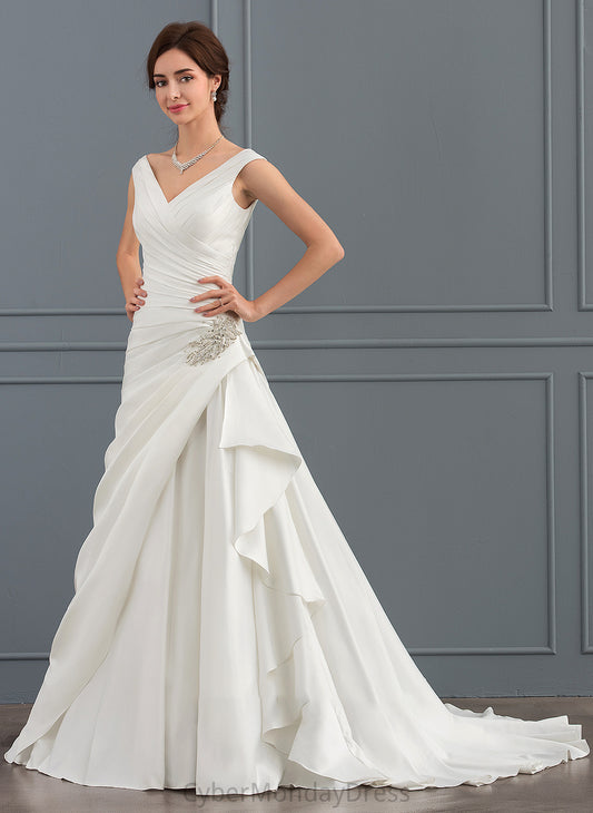 A-Line V-neck Court Train Satin Beading Wedding Dresses With Dress Cailyn Wedding