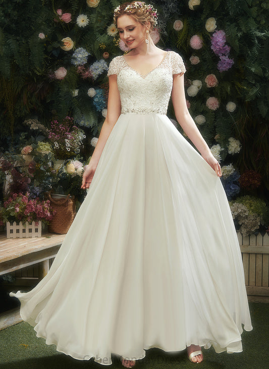 Chiffon Floor-Length Wedding With Lace V-neck Wedding Dresses A-Line Sequins Beading Dress Jazlynn