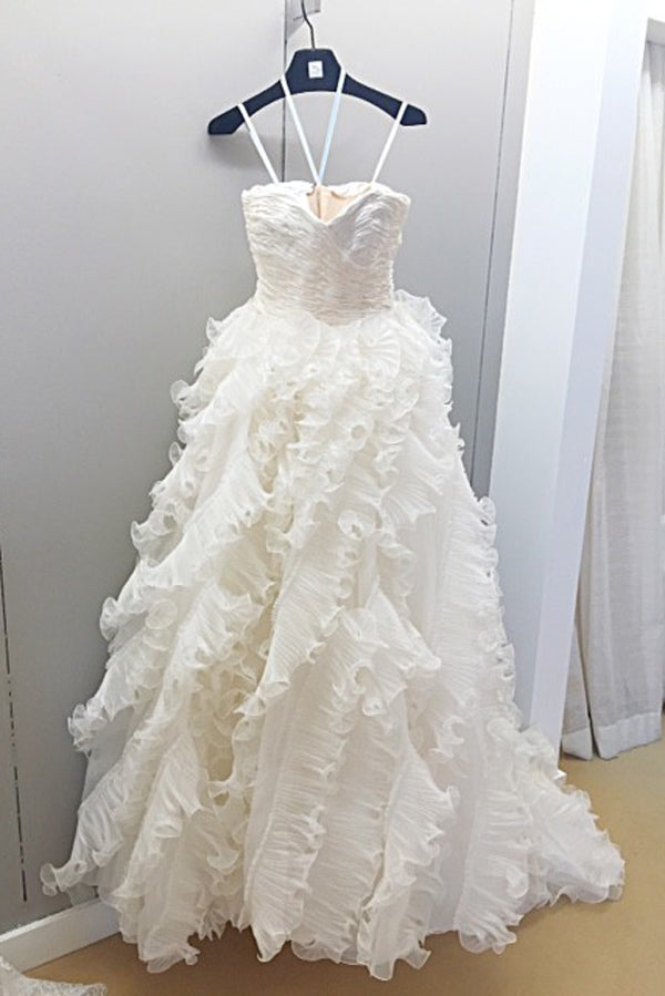 White A Line Court Train Sweetheart Spaghetti Ruffles Wedding Dresses