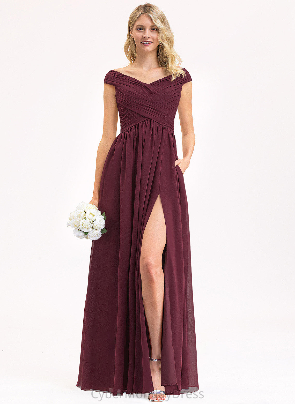 Neckline Fabric Ruffle SplitFront A-Line Off-the-Shoulder Embellishment Floor-Length Pockets Length Silhouette Jasmin Bridesmaid Dresses