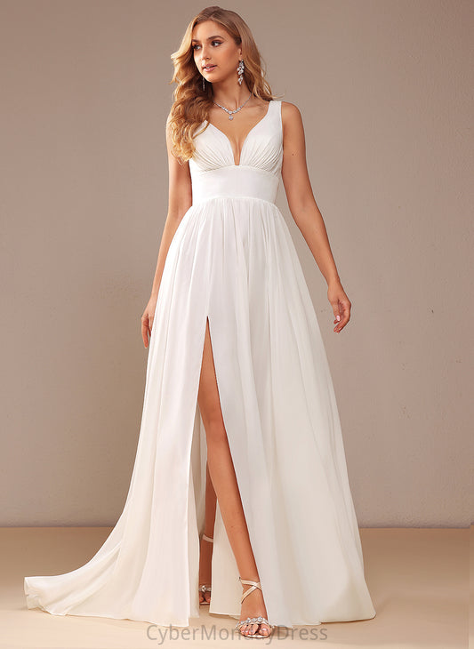 Sweep With V-neck Jamiya Wedding Dresses Front Dress Split A-Line Train Chiffon Wedding