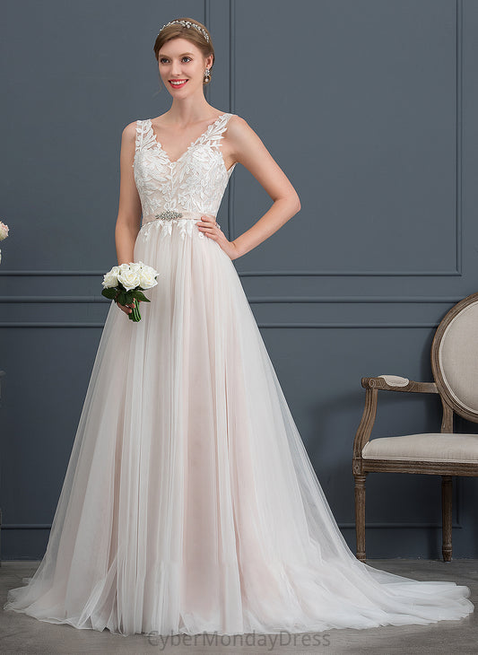 With Dress Train Court Beading Tulle A-Line Wedding V-neck Wedding Dresses Emelia