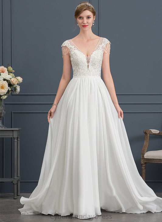 A-Line With Sequins V-neck Sweep Beading Dress Wedding Dresses Chiffon Lace Madilyn Train Wedding