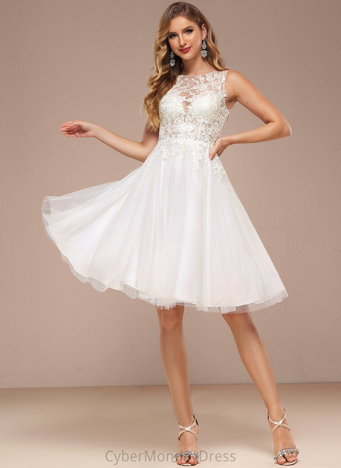 Wedding Boat Neck Dress A-Line Lace Mignon Sequins Wedding Dresses Knee-Length Tulle With