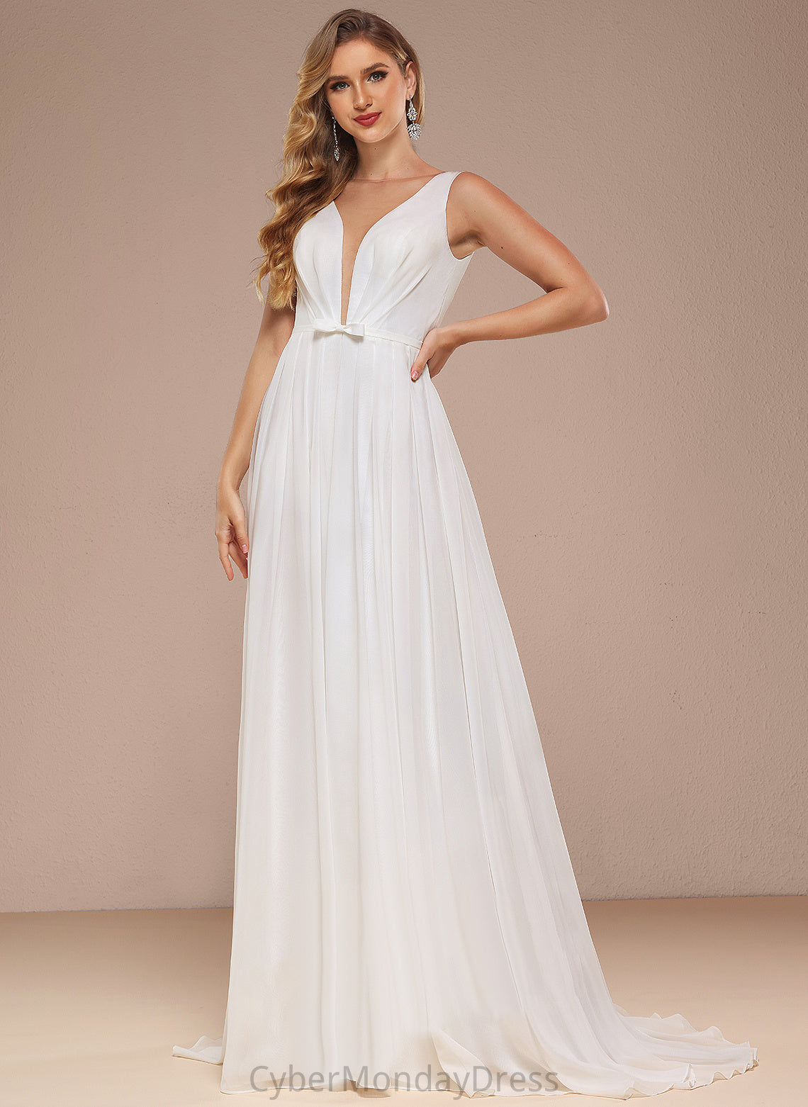 A-Line Sweep With Dress Train V-neck Chiffon Hope Wedding Dresses Wedding Bow(s)