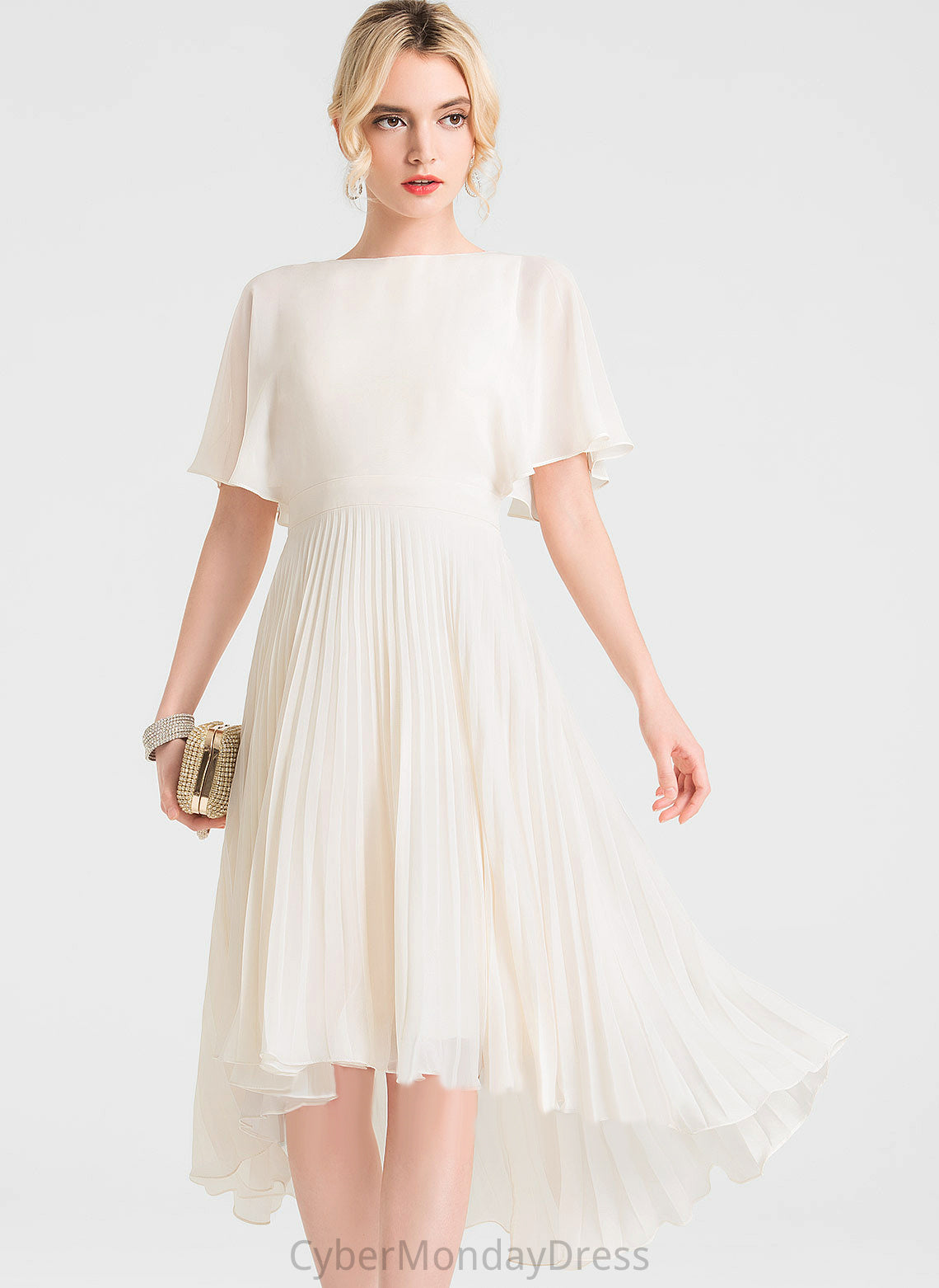 With Wedding Dresses Pleated A-Line Nathalie Dress Wedding Asymmetrical Scoop Chiffon