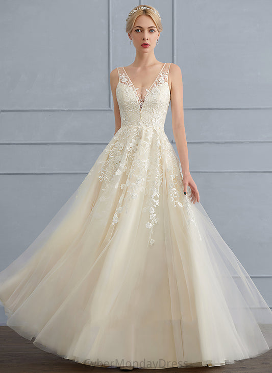 Wedding Andrea Tulle Floor-Length V-neck A-Line Dress With Sequins Lace Wedding Dresses Beading