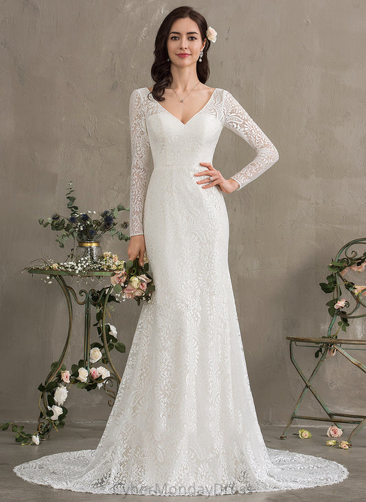 Court Lace Holly Wedding Dress Trumpet/Mermaid V-neck Train Wedding Dresses