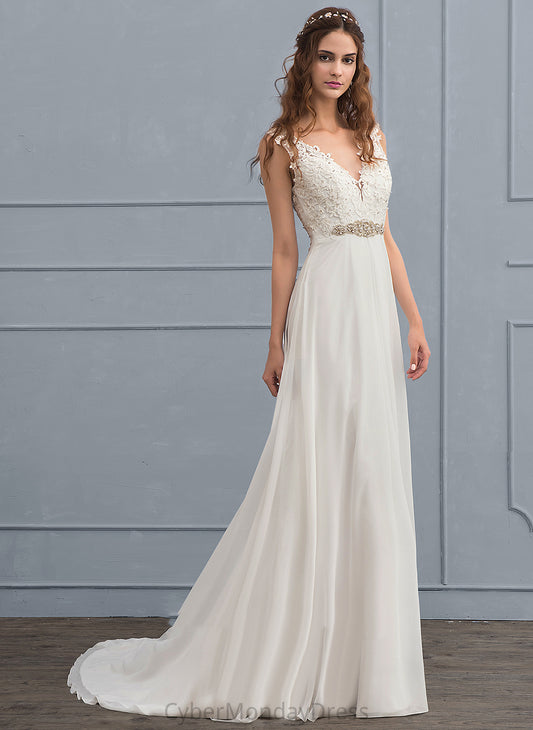 Lace Dress Sequins Karli V-neck Wedding Dresses Wedding With Chiffon Beading Train A-Line Court