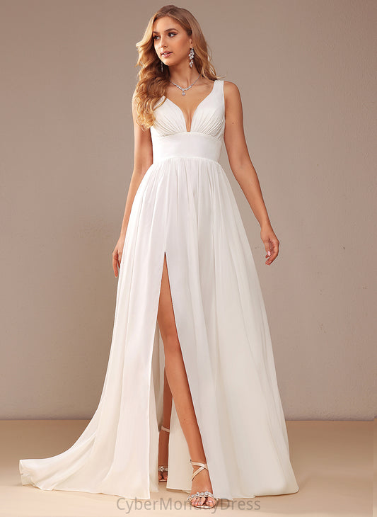 Wedding A-Line Lena Chiffon Dress Train Sweep V-neck Wedding Dresses