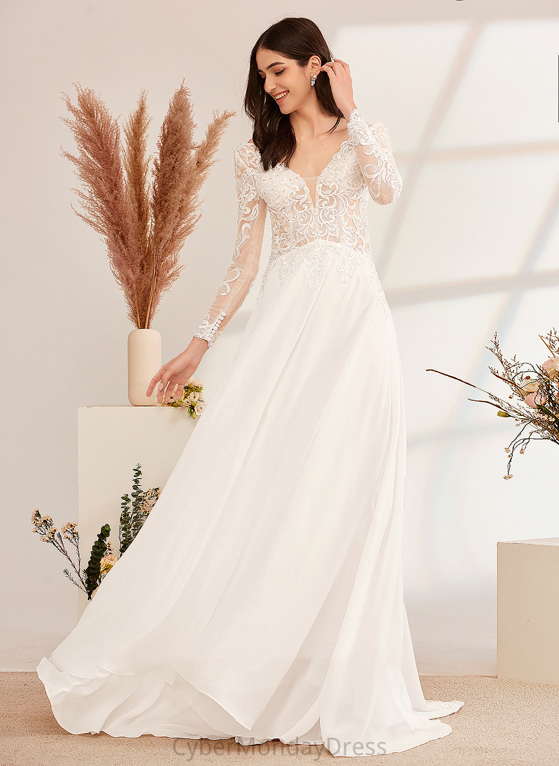 With Train Beading Aspen V-neck Sweep Dress A-Line Wedding Dresses Wedding