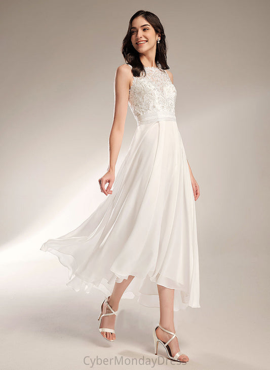 A-Line Dress Chiffon Asymmetrical Wedding Dresses Scoop Neck Lace Destinee Wedding