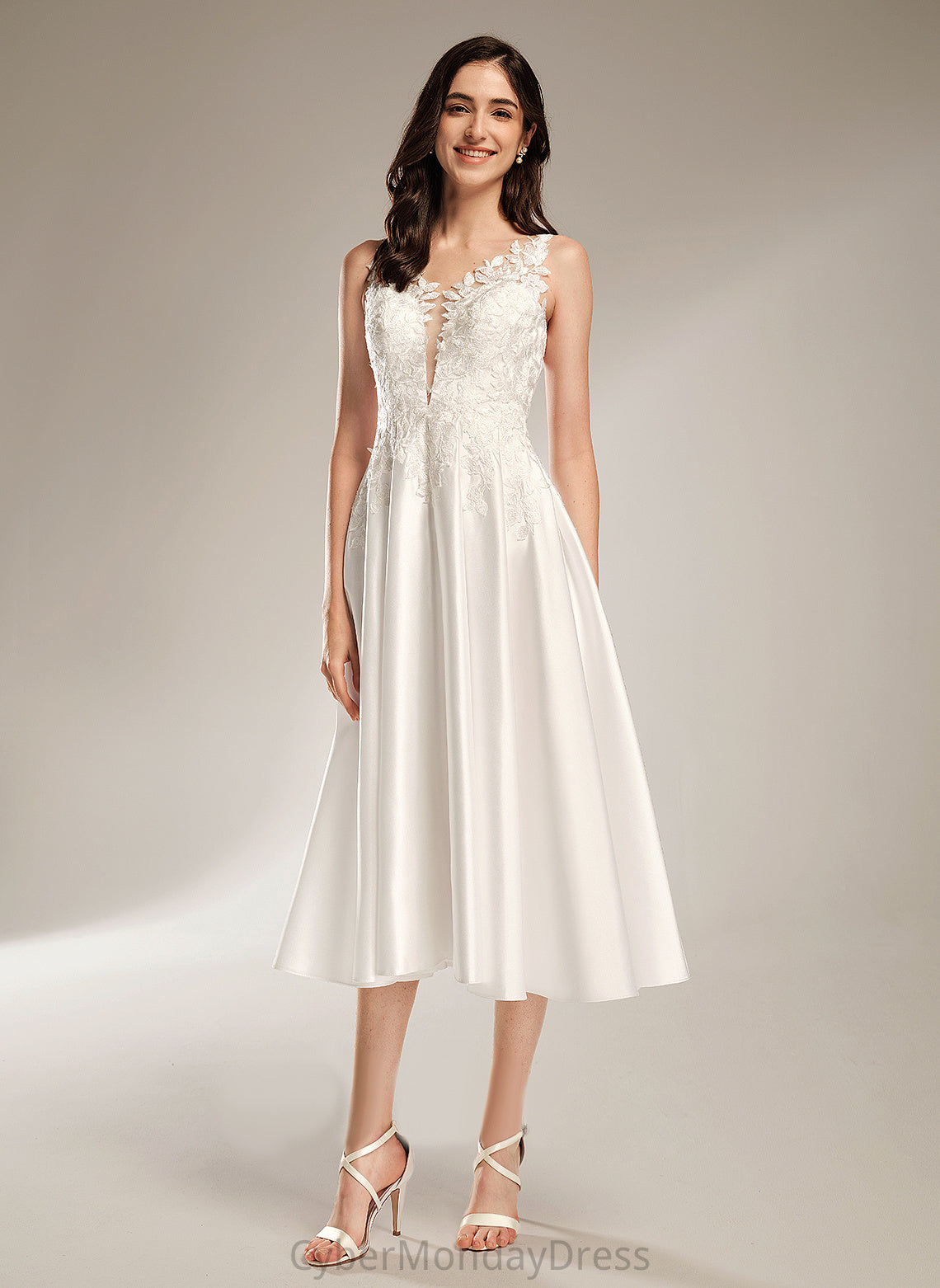 Wedding Dress Lace Tea-Length V-neck Satin Simone Wedding Dresses A-Line