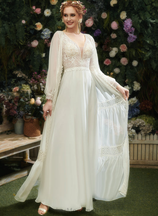 V-neck Maryjane A-Line Floor-Length Wedding Sequins With Chiffon Dress Wedding Dresses Lace