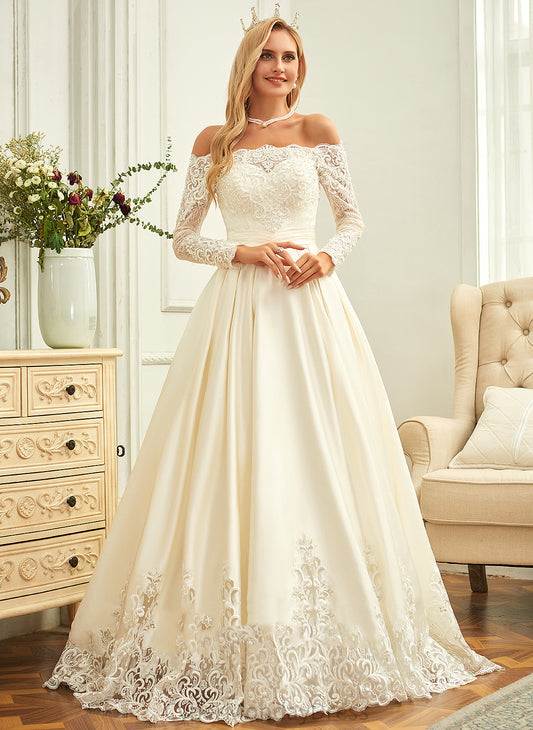 Satin With Sequins Train Ball-Gown/Princess Dress Sweep Lace Beading Wedding Off-the-Shoulder Sophronia Wedding Dresses