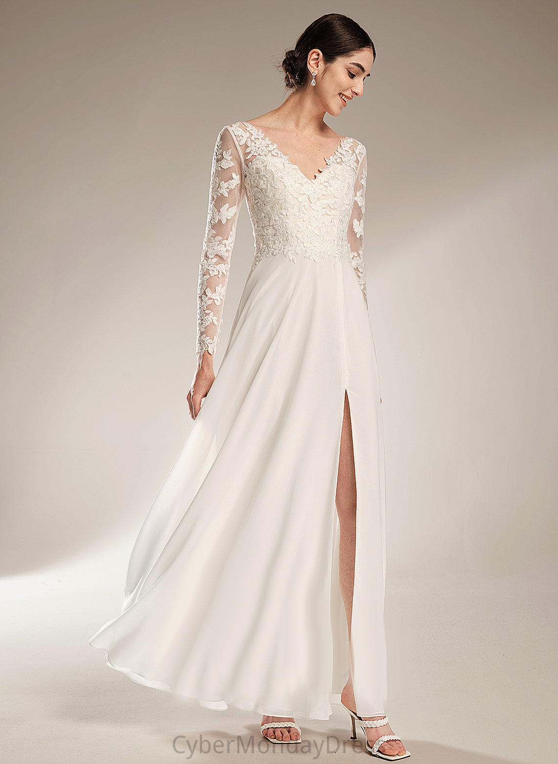 Karley Lace A-Line Split Front Wedding Chiffon Dress With V-neck Wedding Dresses Floor-Length