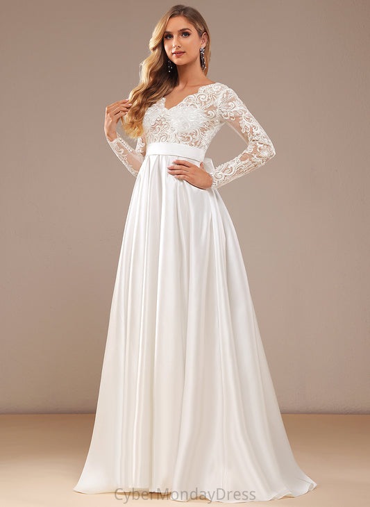 Dress Train Wedding Dresses V-neck Bow(s) Ball-Gown/Princess Lace Jaelynn Lace Satin With Sweep Wedding