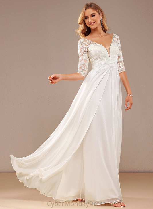 Lace V-neck Floor-Length Jordyn Sequins With Wedding A-Line Dress Lace Wedding Dresses Chiffon Ruffle